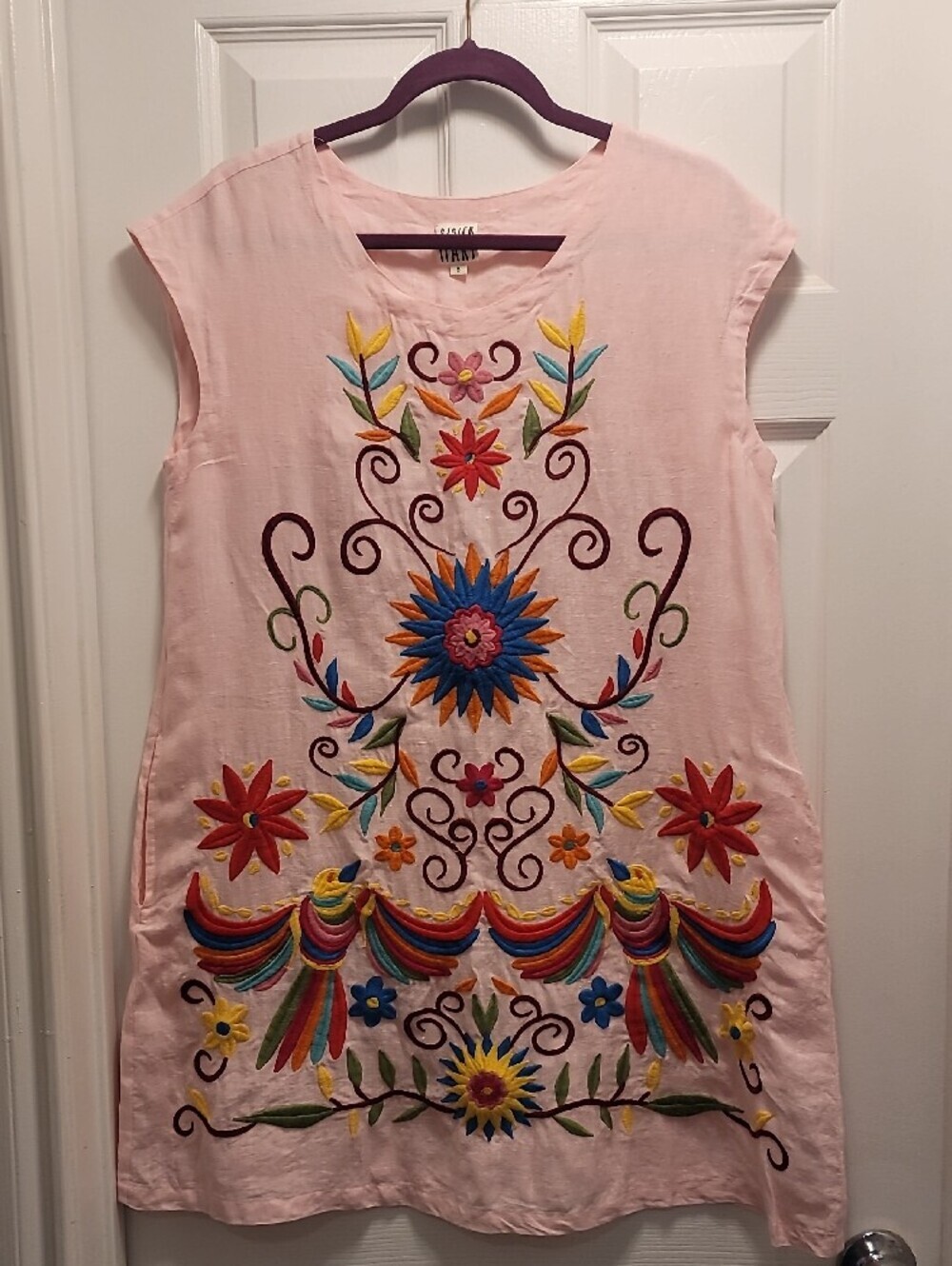 Sister Mary Embroidered Pink Floral Tunic Linen Dress Sz Small - Picture 2 of 6